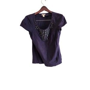 J.Crew Top Women's Size 10 Navy Blue 100% Cotton Embellished Beaded Scoop Neck